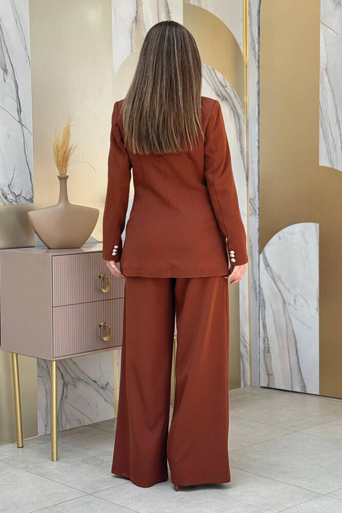 Düğme Detay Blazer Ceket Bol Pantolon Takım 8302 Kahverengi - 3
