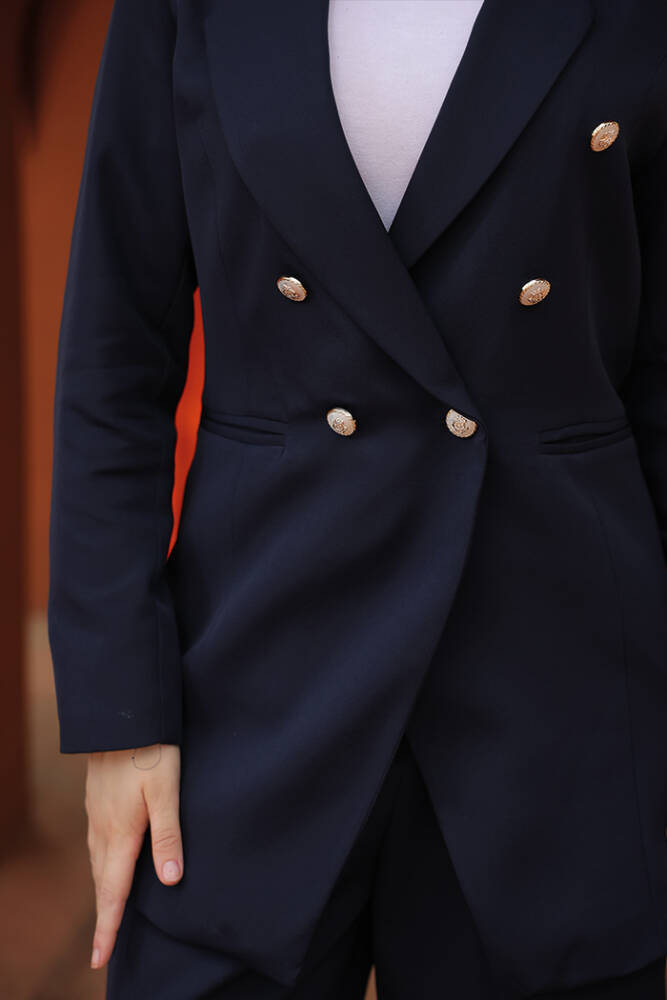 Düğme Detay Blazer Ceket Bol Pantolon Takım 8302 Lacivert - 5