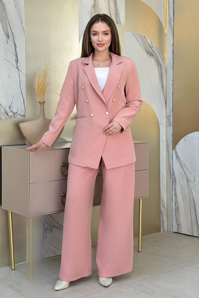 Düğme Detay Blazer Ceket Bol Pantolon Takım 8302 Pudra - 1