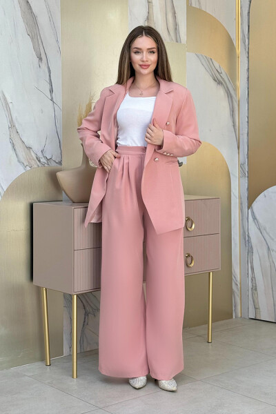 Düğme Detay Blazer Ceket Bol Pantolon Takım 8302 Pudra - 2