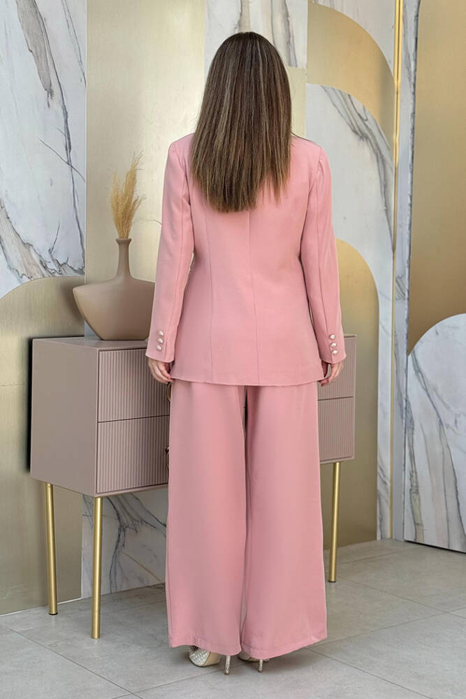 Düğme Detay Blazer Ceket Bol Pantolon Takım 8302 Pudra - 3