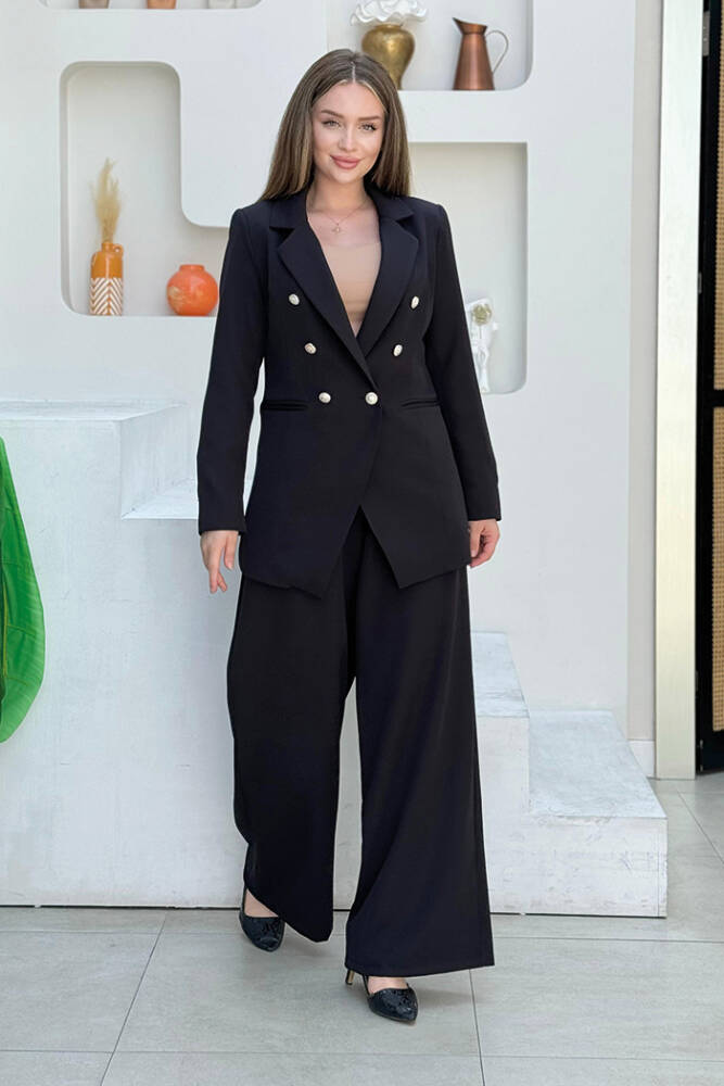 Düğme Detay Blazer Ceket Bol Pantolon Takım 8302 Siyah - 1