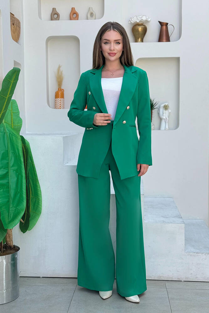 Düğme Detay Blazer Ceket Bol Pantolon Takım 8302 Yeşil - 1