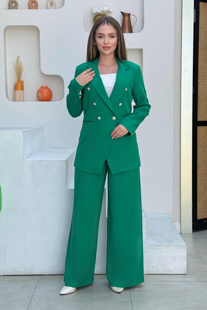 Düğme Detay Blazer Ceket Bol Pantolon Takım 8302 Yeşil - 2