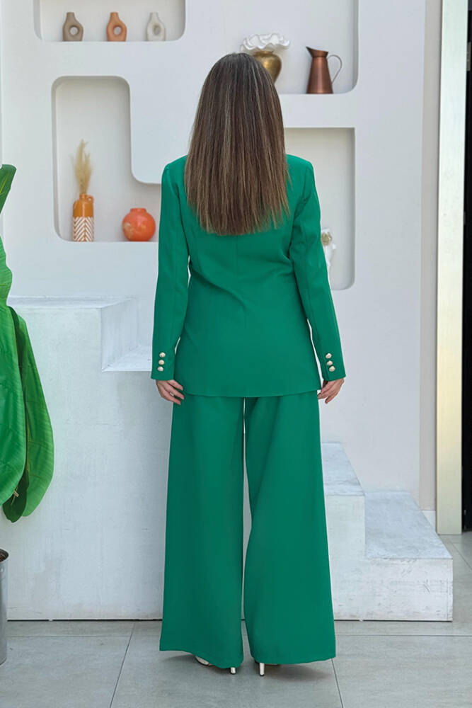 Düğme Detay Blazer Ceket Bol Pantolon Takım 8302 Yeşil - 3