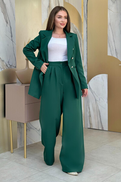 Düğme Detay Blazer Ceket Bol Pantolon Takım 8302 Zümrüt - 1