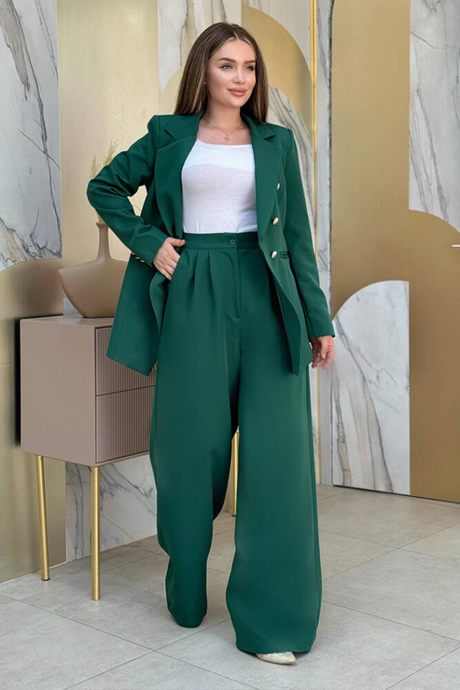 Düğme Detay Blazer Ceket Bol Pantolon Takım 8302 Zümrüt - 1