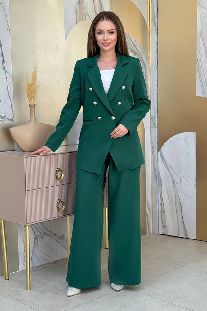 Düğme Detay Blazer Ceket Bol Pantolon Takım 8302 Zümrüt - 2