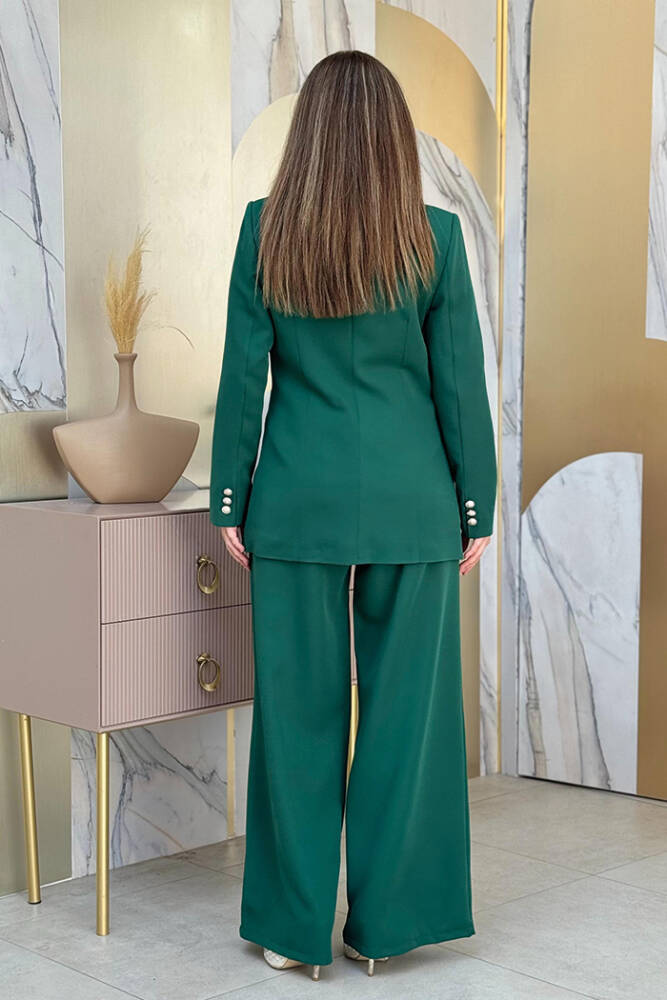 Düğme Detay Blazer Ceket Bol Pantolon Takım 8302 Zümrüt - 3