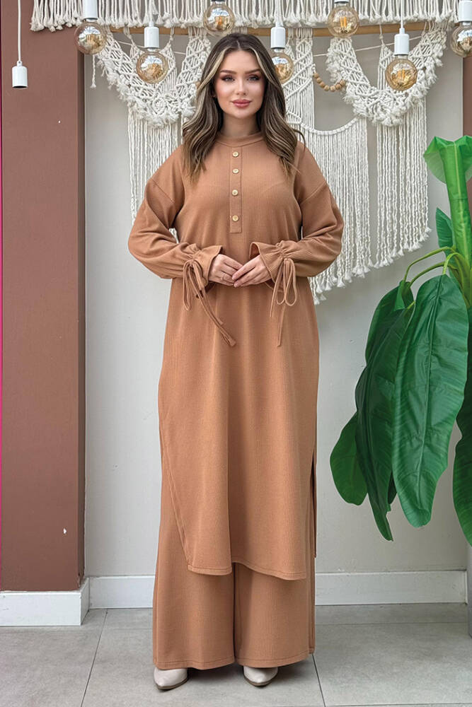 Düğme Detay Örme Tunik ve Pantolon İkili Takım 6020 Taba - 1