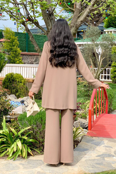 Düğme Detaylı Ceket Yırtmaç Görünümlü Pantolon Takım 8293 Vizon - 2