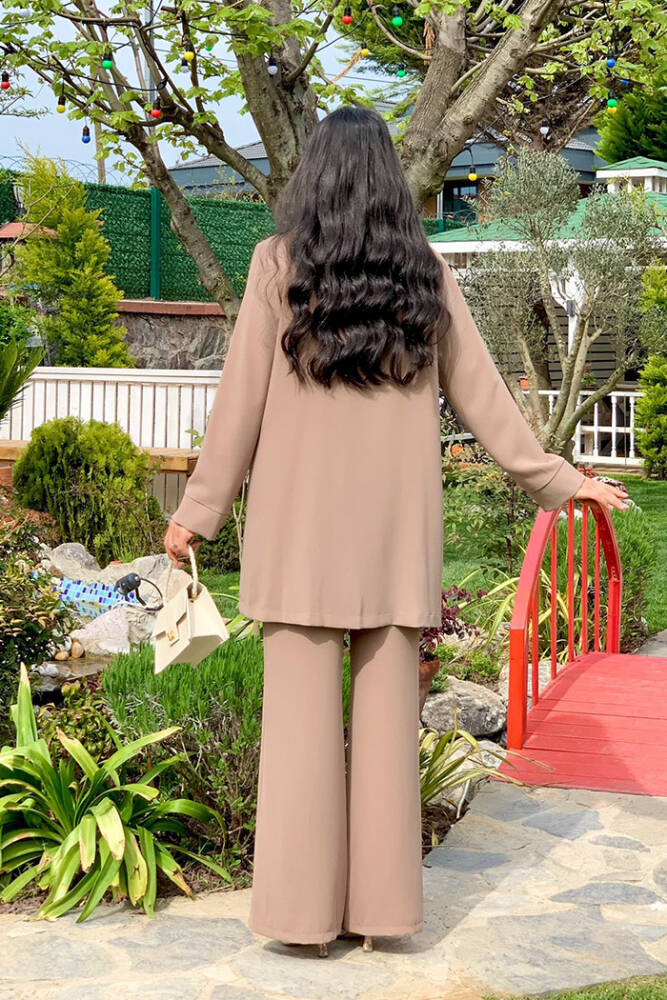 Düğme Detaylı Ceket Yırtmaç Görünümlü Pantolon Takım 8293 Vizon - 2