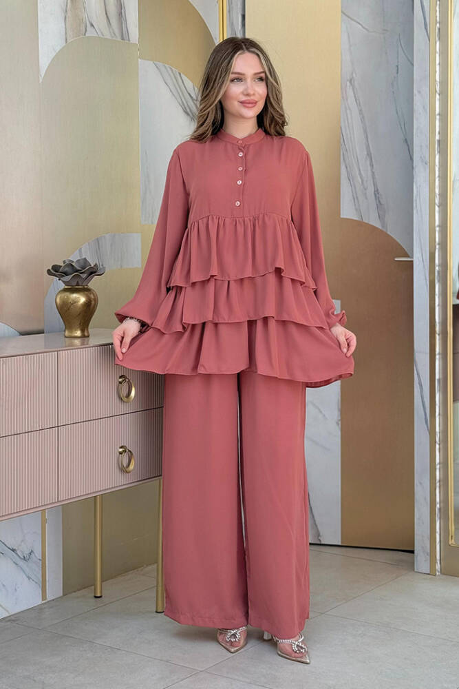 Düğme Detaylı Kat Kat Tunik Pantolon Takım 8461 Gül Kurusu - 1