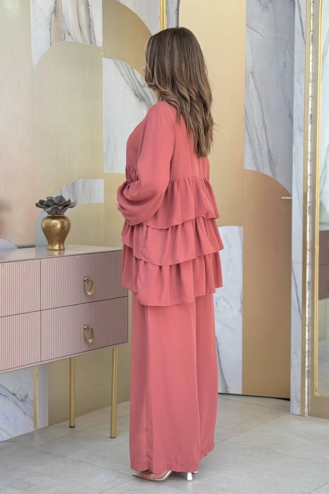 Düğme Detaylı Kat Kat Tunik Pantolon Takım 8461 Gül Kurusu - 2