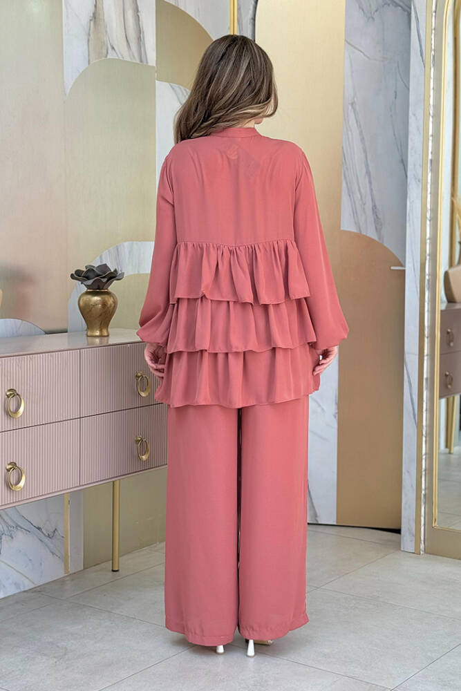 Düğme Detaylı Kat Kat Tunik Pantolon Takım 8461 Gül Kurusu - 3