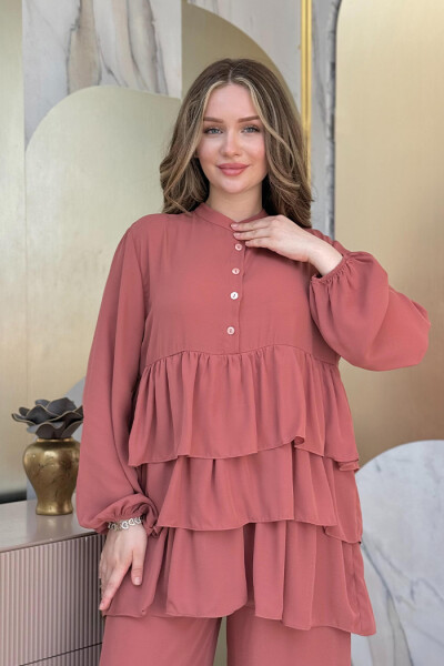 Düğme Detaylı Kat Kat Tunik Pantolon Takım 8461 Gül Kurusu - 4