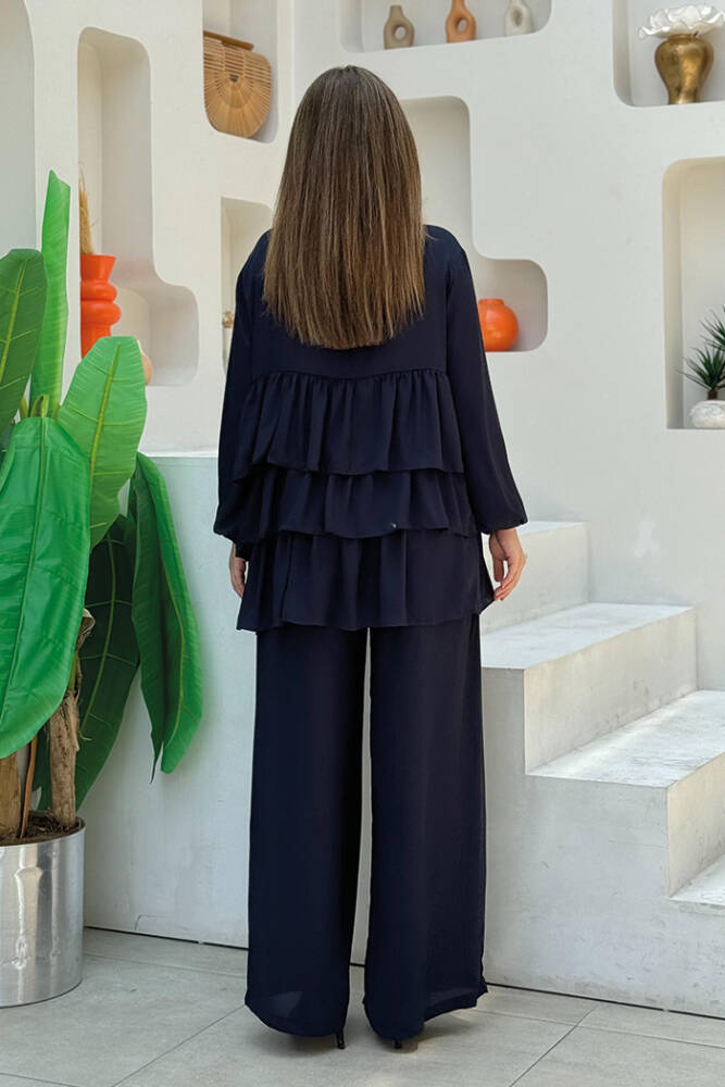 Düğme Detaylı Kat Kat Tunik Pantolon Takım 8461 Lacivert - 3