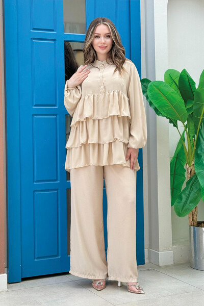 Düğme Detaylı Kat Kat Tunik Pantolon Takım 8461 Taş - 2