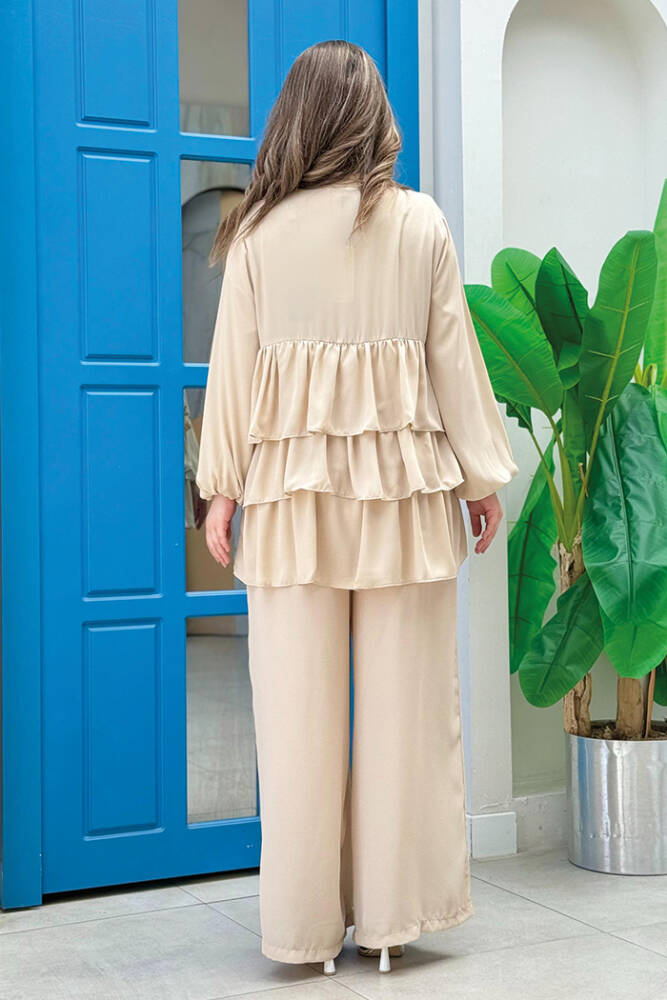 Düğme Detaylı Kat Kat Tunik Pantolon Takım 8461 Taş - 3