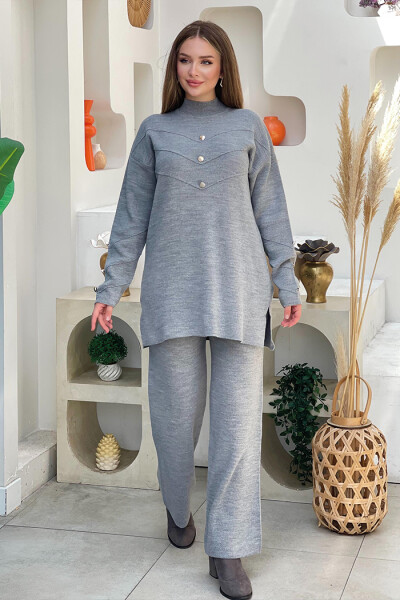 Düğme Detaylı Tunik Ve Pantolon İkili Triko Takım 2-1530 Gri 
