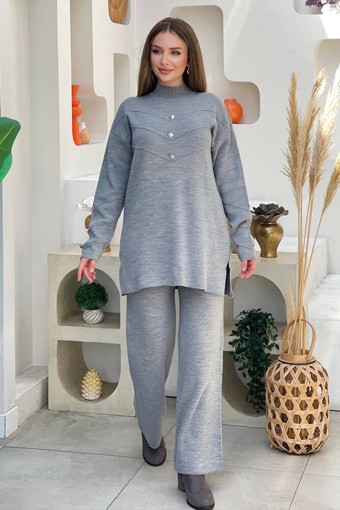 Düğme Detaylı Tunik Ve Pantolon İkili Triko Takım 2-1530 Gri - 1
