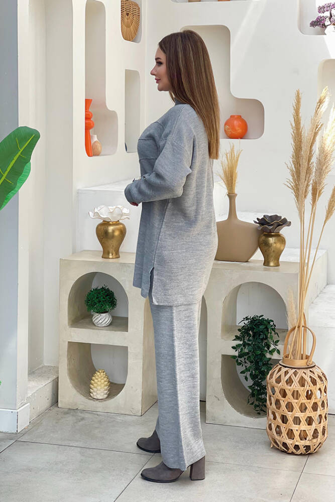 Düğme Detaylı Tunik Ve Pantolon İkili Triko Takım 2-1530 Gri - 2