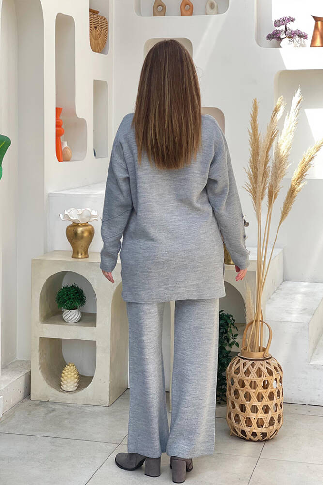 Düğme Detaylı Tunik Ve Pantolon İkili Triko Takım 2-1530 Gri - 3
