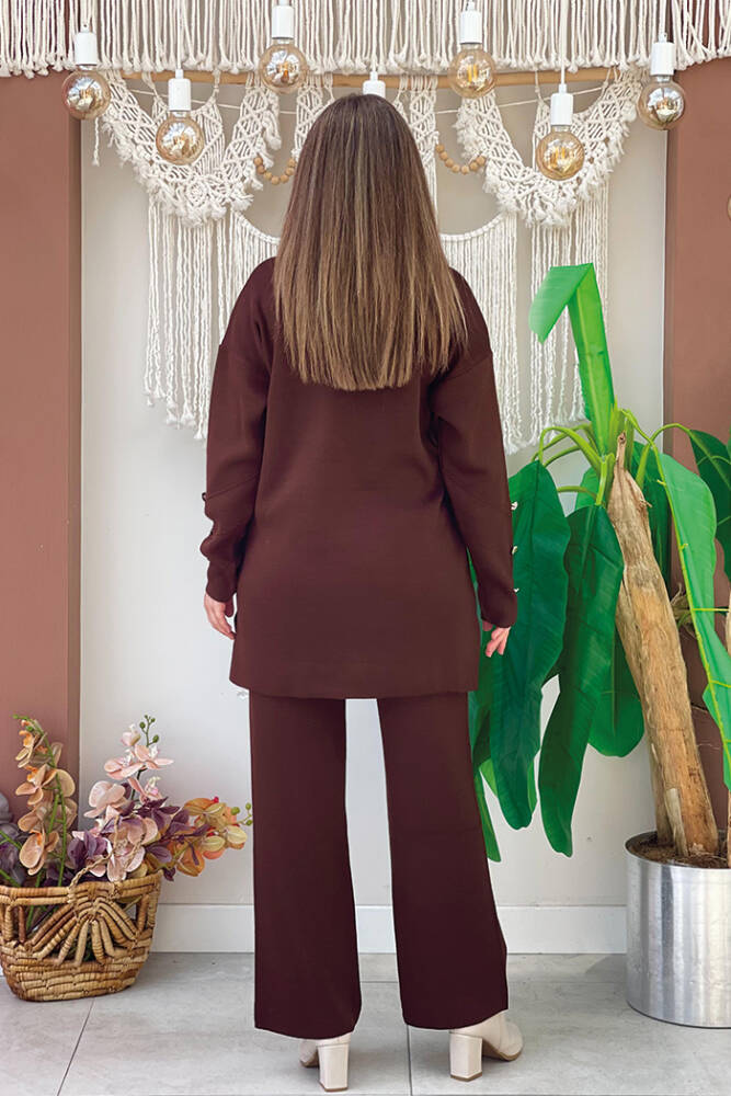 Düğme Detaylı Tunik Ve Pantolon İkili Triko Takım 2-1530 Kahverengi - 3