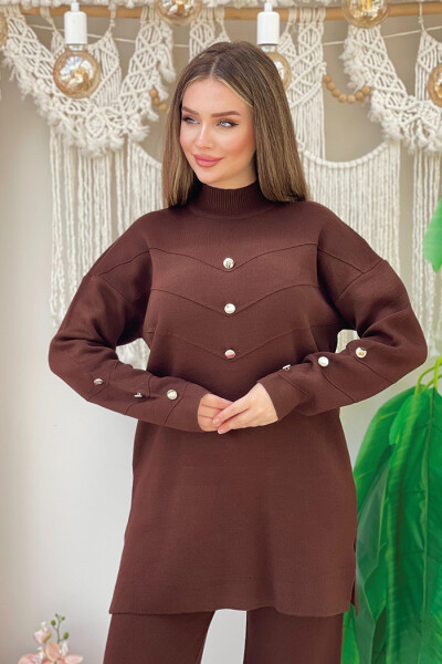 Düğme Detaylı Tunik Ve Pantolon İkili Triko Takım 2-1530 Kahverengi - 4