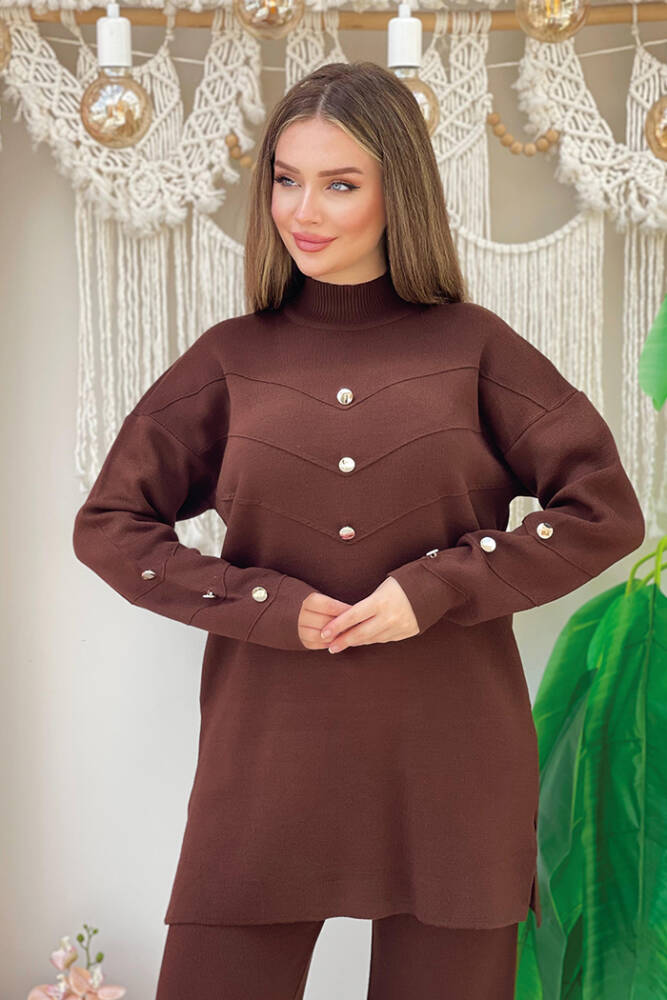 Düğme Detaylı Tunik Ve Pantolon İkili Triko Takım 2-1530 Kahverengi - 4