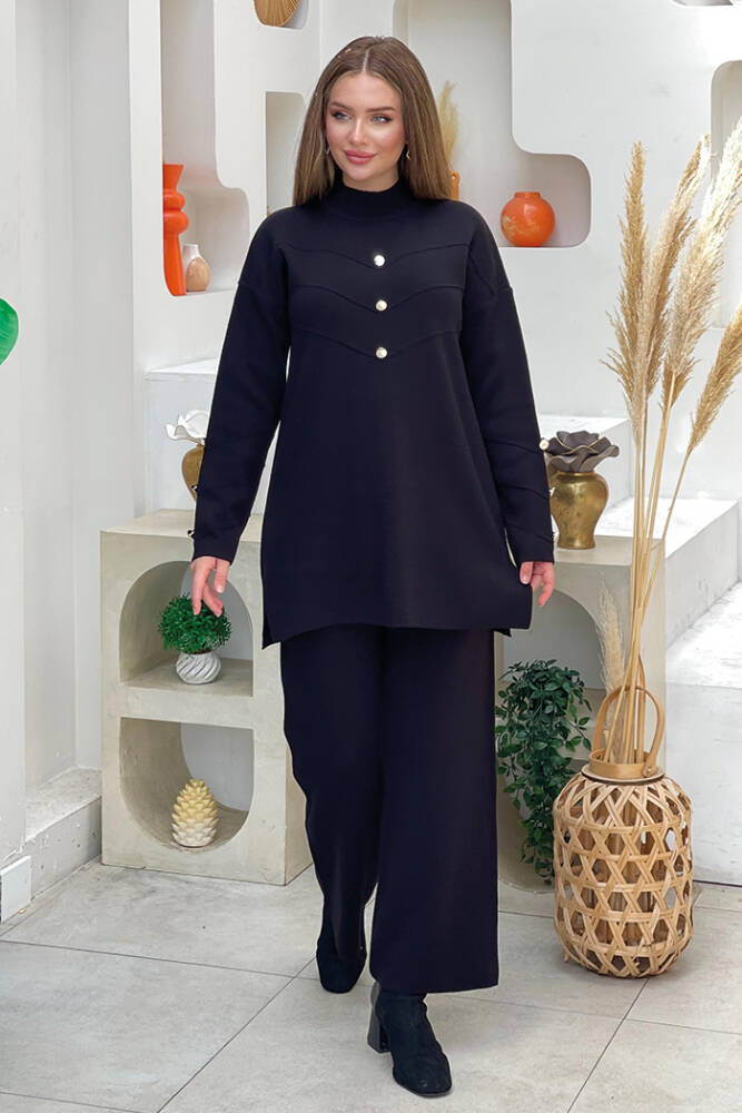 Düğme Detaylı Tunik Ve Pantolon İkili Triko Takım 2-1530 Siyah - 1