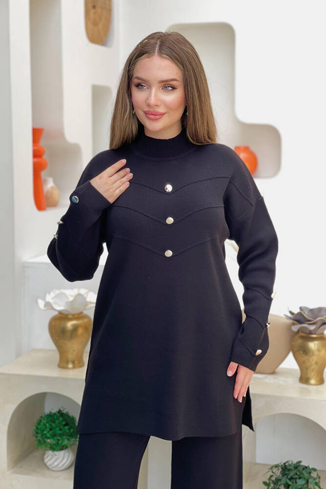 Düğme Detaylı Tunik Ve Pantolon İkili Triko Takım 2-1530 Siyah - 4