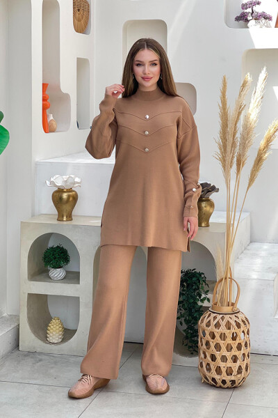 Düğme Detaylı Tunik Ve Pantolon İkili Triko Takım 2-1530 Vizon - 1