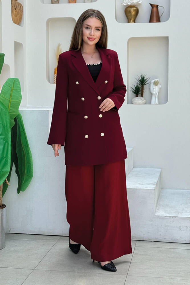 Düğme Görünümlü Astarlı Ceket 7665 Bordo - 4