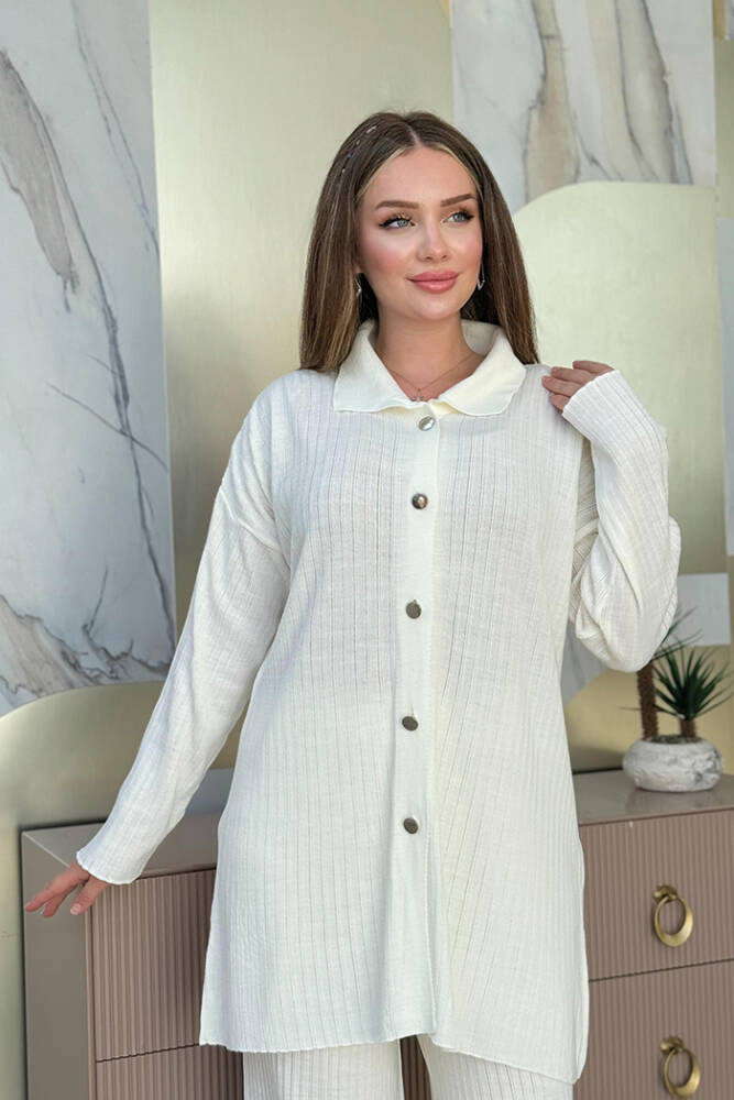 Düğmeli Tunik ve Pantolonlu Triko Takım 22245 Ekru - 4