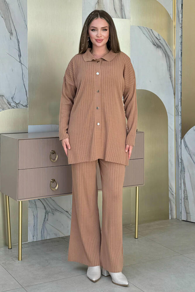 Düğmeli Tunik ve Pantolonlu Triko Takım 22245 Taba - 1