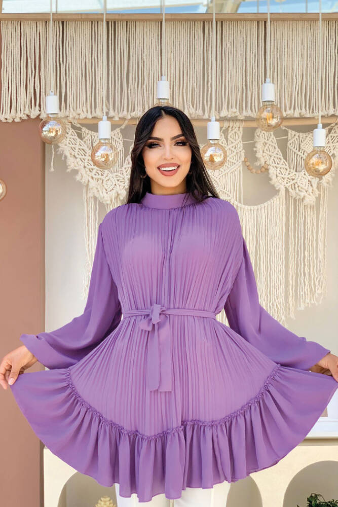 Eteği Pile Görünümlü Bel Kuşaklı Piliseli Tunik 2673 Lila - 1