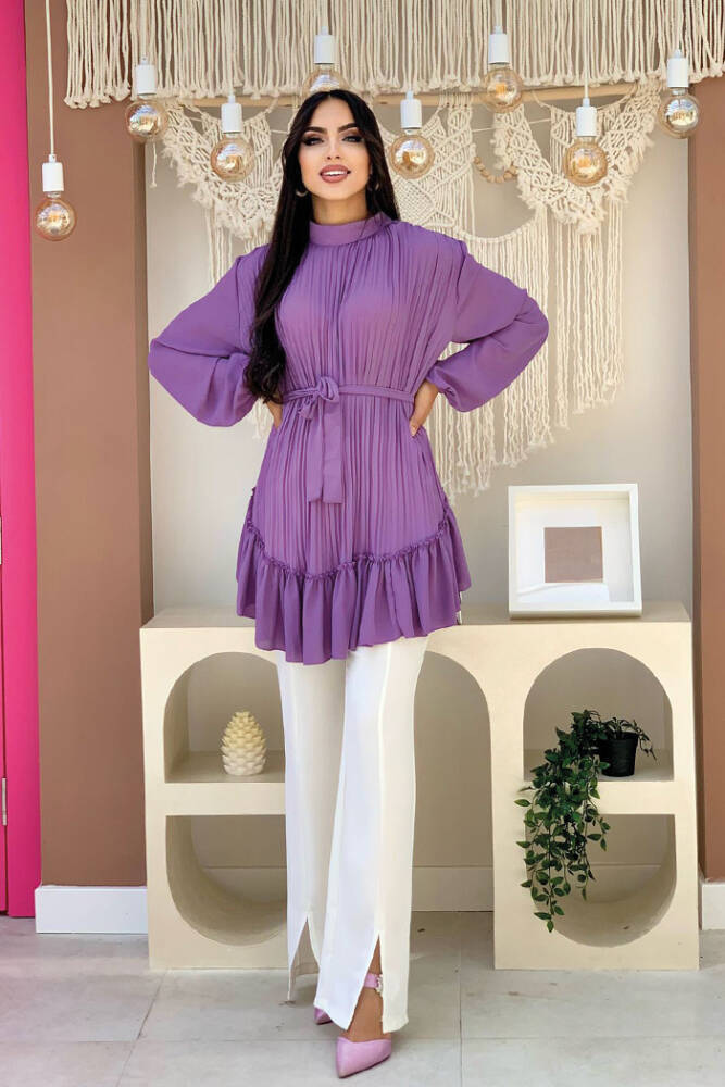 Eteği Pile Görünümlü Bel Kuşaklı Piliseli Tunik 2673 Lila - 2