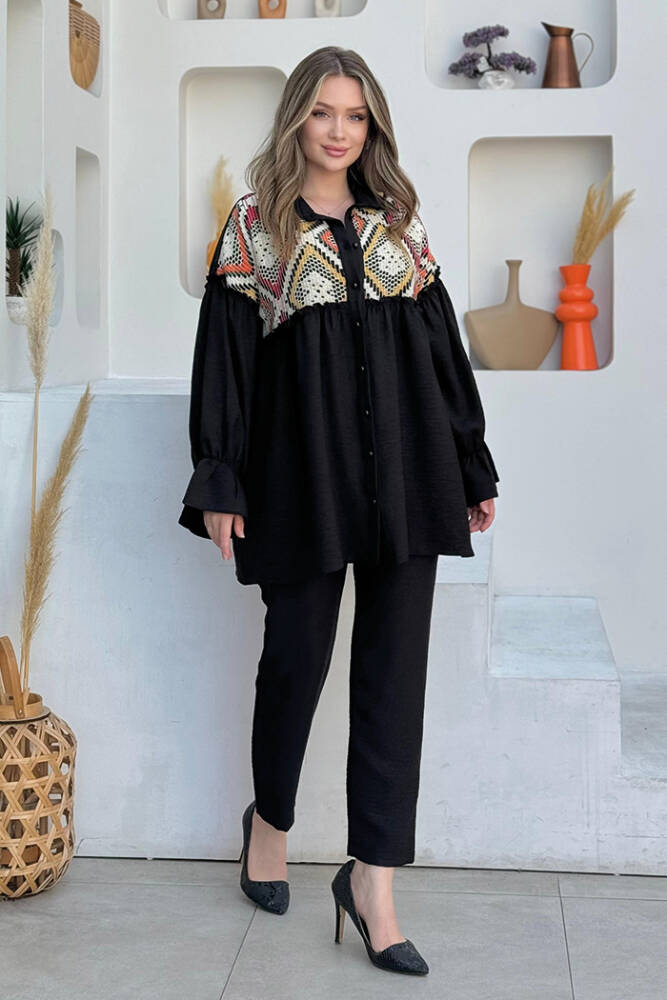 Etnik Desen Dantel Detaylı Tunik Pantolon Takım 8458 Siyah - 1