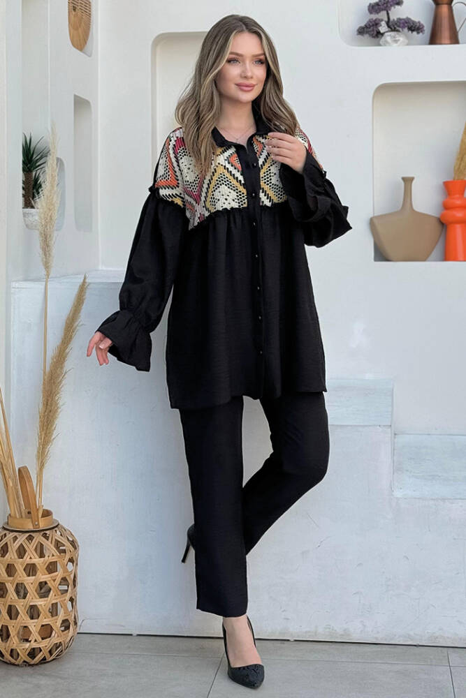 Etnik Desen Dantel Detaylı Tunik Pantolon Takım 8458 Siyah - 2
