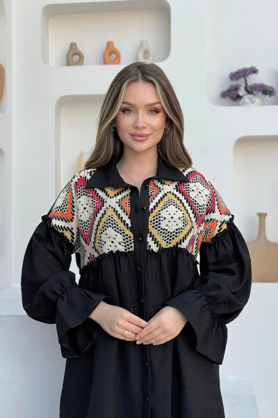 Etnik Desen Dantel Detaylı Tunik Pantolon Takım 8458 Siyah - 4
