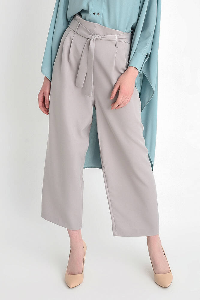 Fermuarlı Bel Bağcıklı Pantolon 0174 Gri - 1