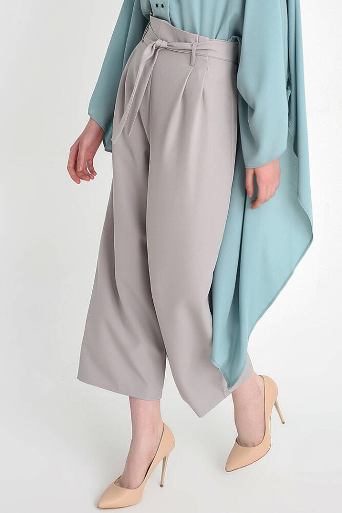 Fermuarlı Bel Bağcıklı Pantolon 0174 Gri - 2