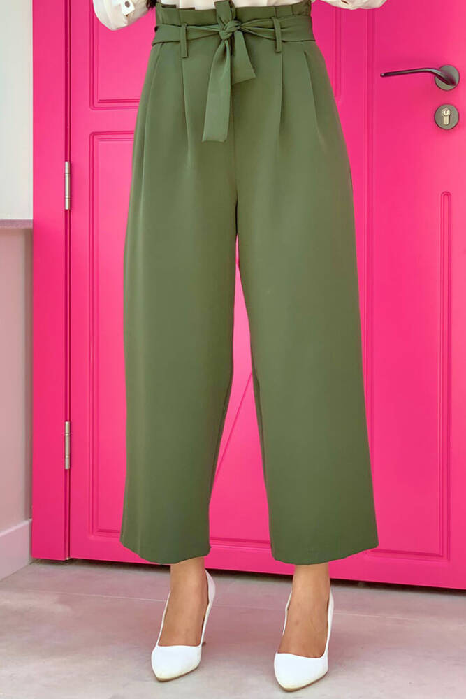 Fermuarlı Bel Bağcıklı Pantolon 0174 Haki - 1