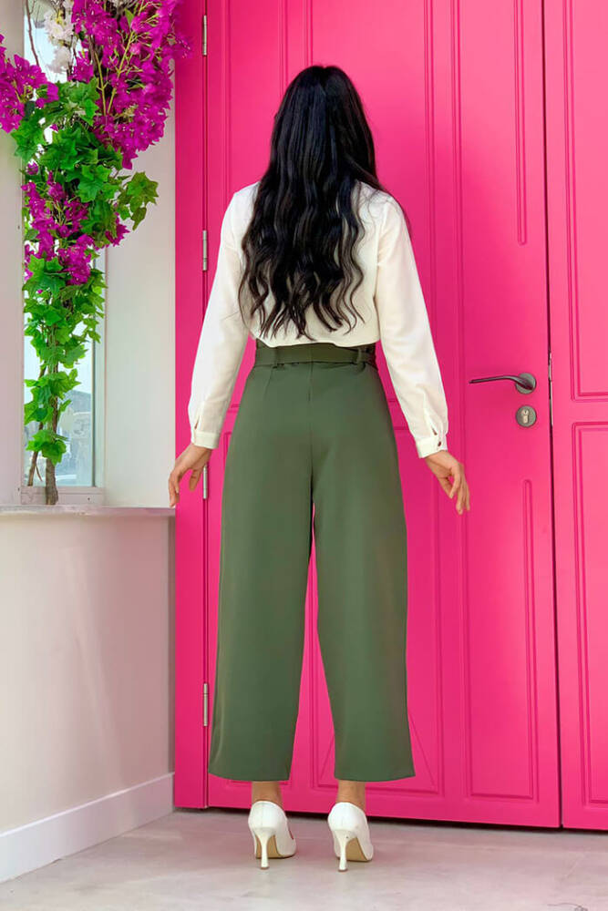 Fermuarlı Bel Bağcıklı Pantolon 0174 Haki - 2