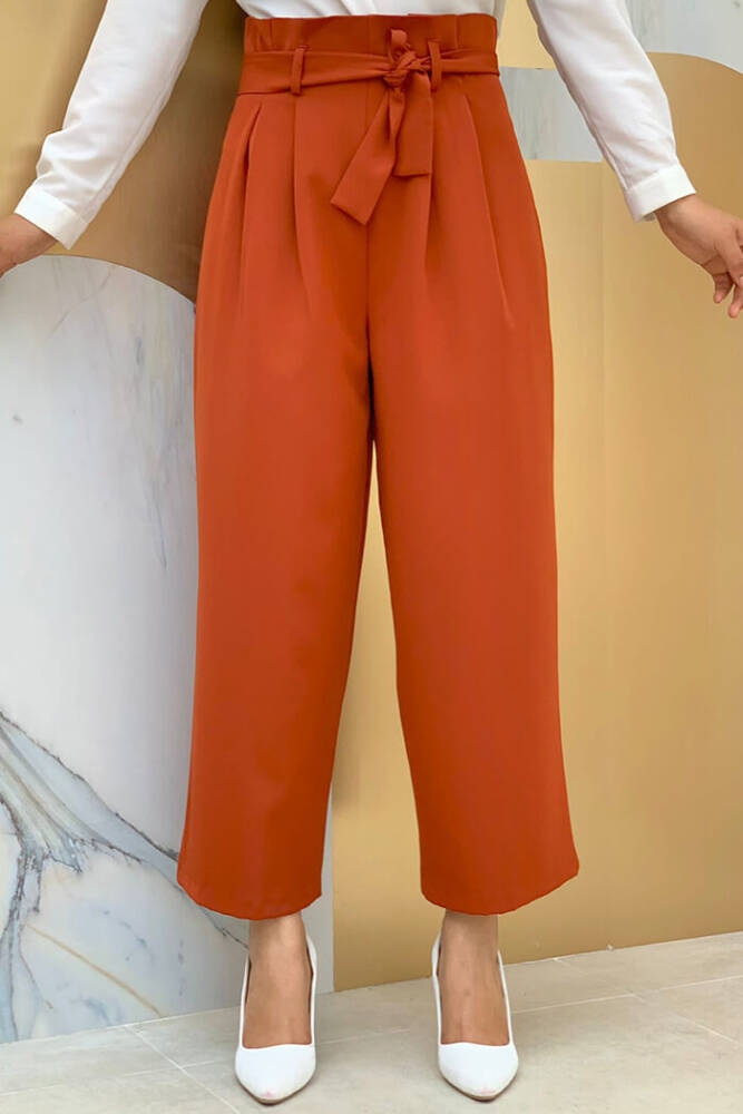 Fermuarlı Bel Bağcıklı Pantolon 0174 Kiremit - 1
