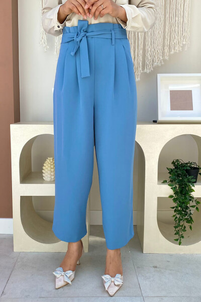 Fermuarlı Bel Bağcıklı Pantolon 0174 Mavi 