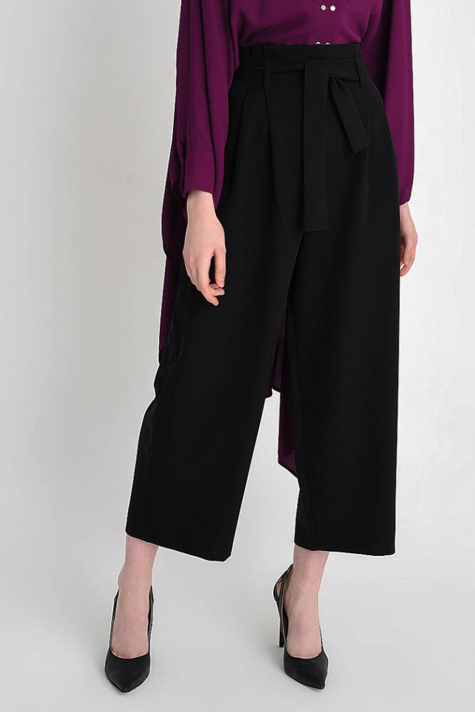 Fermuarlı Bel Bağcıklı Pantolon 0174 Siyah - 1