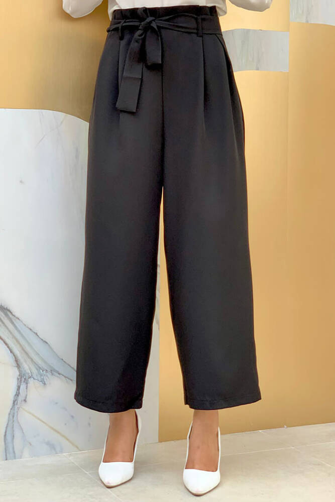 Fermuarlı Bel Bağcıklı Pantolon 0174 Siyah - 2