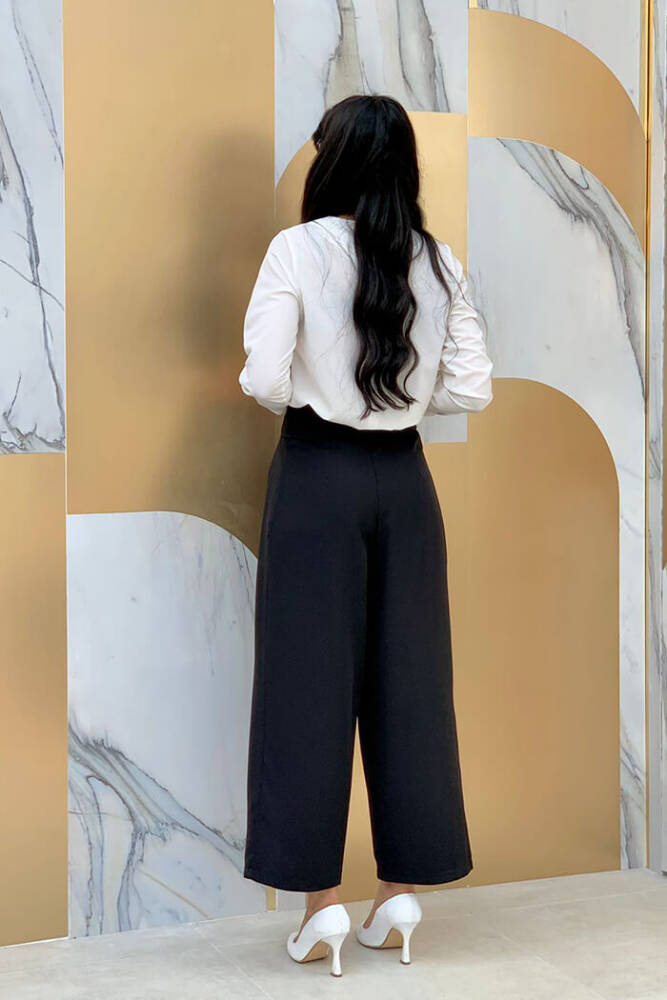 Fermuarlı Bel Bağcıklı Pantolon 0174 Siyah - 3